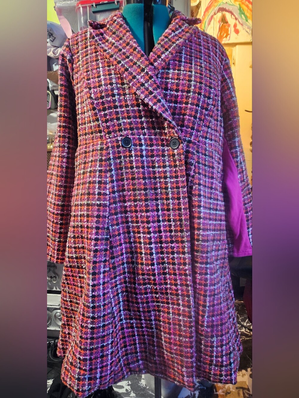 Double-Breasted Purple Plaid Pea Coat